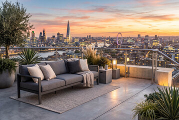 Fototapeta premium Modern outdoor sofa on rooftop terrace with panoramic city skyline sunset view