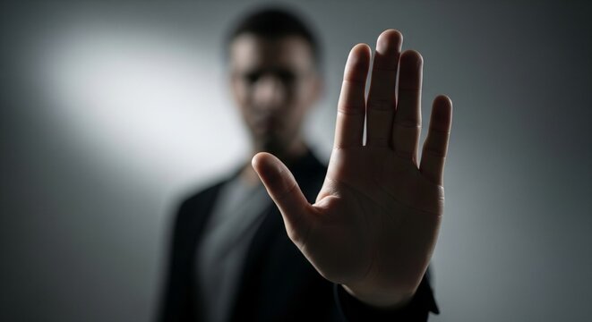 Man showing a stop gesture with his hand to signal rejection or warning
