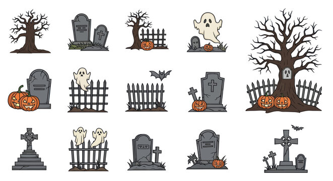 Halloween graveyard tombstones and fences.