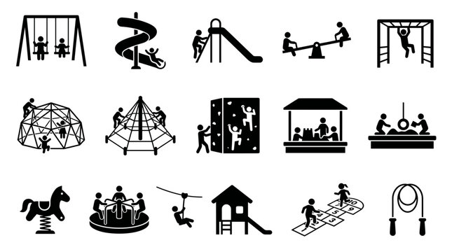 Collection of black playground equipment icons and stick figures playing on swings, slides, climbing frames and carousels, symbolizing childhood recreation and representing park safety
