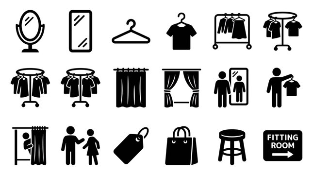 Professional fitting room and clothing store icons set featuring mirrors, garment racks and dressing room elements, symbolizing retail shop design and representing boutique customer service