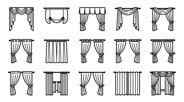 Diverse collection of curtain line icons with various window treatment styles including drapes valances and shades on white background, providing decorative elements for home decor applications