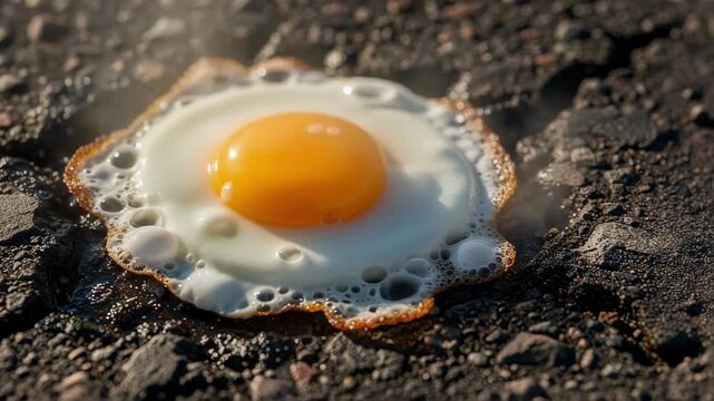 Close-up video of a fried egg sizzling on hot asphalt under blazing sun with steam rising