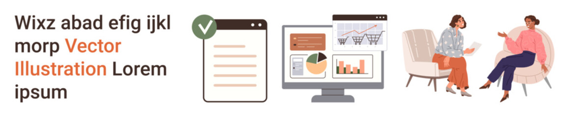 Obraz premium Digital marketing, analytics, communication, consulting, e-commerce, business growth. Screen with charts and two people talking. Digital marketing and analytics showcased