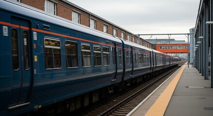 Obraz premium Modern blue passenger train arriving at a city railway station platform