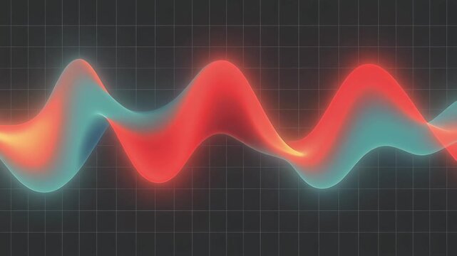 Vibrant neon red and cyan light wave flowing smoothly in dark background for dynamic glowing effect