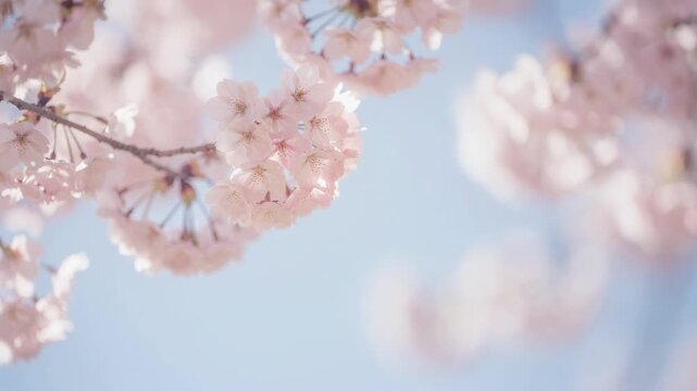Soft delicate cherry blossom petals gently swaying in the breeze under a clear blue sky with fireflies