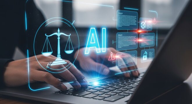 AI justice concept with scales of balance and digital code on laptop screen