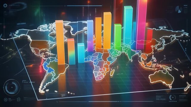 Futuristic digital world map with glowing country borders and vibrant 3D bar graphs for data visualization