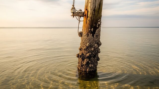 Barnacle covered wood piling in calm ocean water.