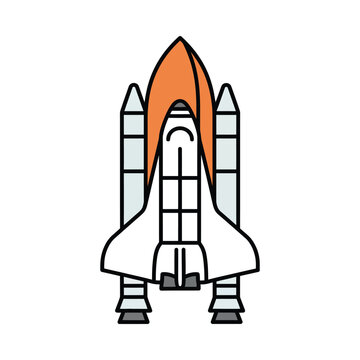 Iconic space shuttle rocket icon, NASA space mission illustration, flat vector design on white background.