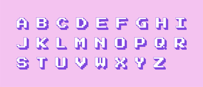 Purple pixel alphabet letter set, retro 8 bit typography design for gaming, stickers, posters, social media and playful branding
