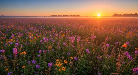 Obraz premium Vibrant Wildflower Meadow at Dawn, Bathed in Golden Light and Morning Mist