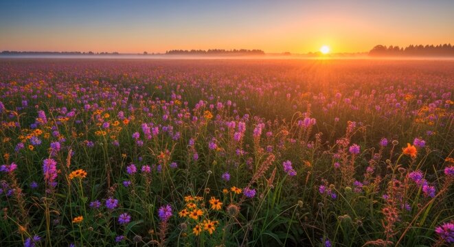 Vibrant Wildflower Meadow at Dawn, Bathed in Golden Light and Morning Mist