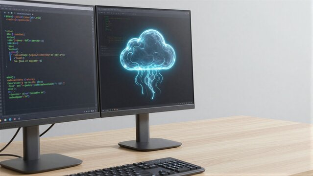 Code and cloud computing on dual monitors modern tech workspace setup.