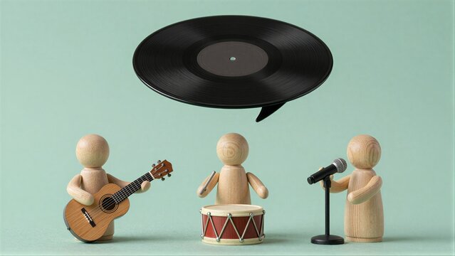 Wooden musicians play instruments under a floating vinyl record.