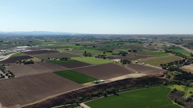 Aerial of farm land plots and crops in Ontario Oregon in spring on sunny day