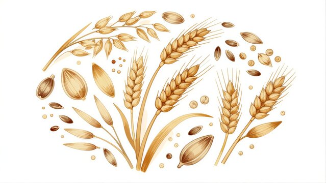 Golden wheat ears and seeds arranged in a circular nature-inspired