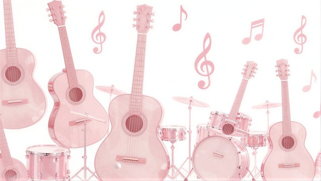 Pink musical instruments and notes float in a dreamy soft-toned scene.