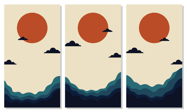 Minimalist Boho Summer Sunset Triptych with Abstract Navy Ocean Waves