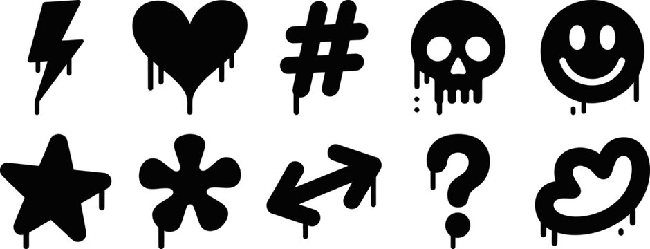 Street graffiti stencil icon collection bundle. Lightning heart, hashtag skull smiley star sign. Asterisk arrow, dripping cloud boundary, aerosol spots. Skater subculture design. Web decal art