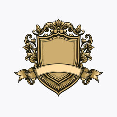 Obraz premium Vintage heraldic shield with blank banner ribbon.