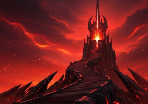 Massive stone steps carved into a dark volcanic spire lead up to a glowing demonic fortress under a red sky filled with swirling embers, dramatic, entrance, demon