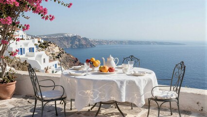 Fototapeta premium Cozy table set for breakfast overlooking Greek islands with vibrant