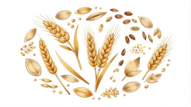 Golden wheat ears and seeds arranged in a circular nature-inspired