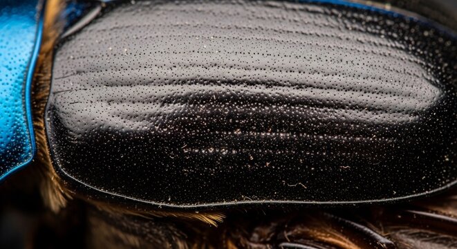 Extreme Macro Shot of a Black Beetles Iridescent Elytra and Blue Thorax.