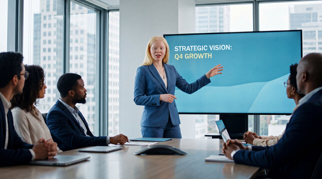 Businesswoman presenting strategic vision for q4 growth to a diverse team in a modern office setting with a large screen display