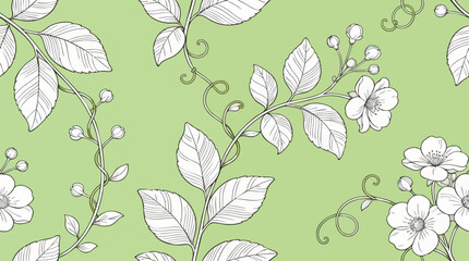 Elegant Botanical Line Art Seamless Pattern with Hand-Drawn Floral and Leaf Vector © Myint