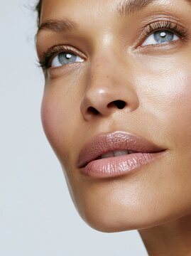 Close-up beauty portrait of a woman with glowing skin, blue eyes, and natural makeup against a clean light background. Skincare, cosmetic, wellness, and healthy complexion concept.