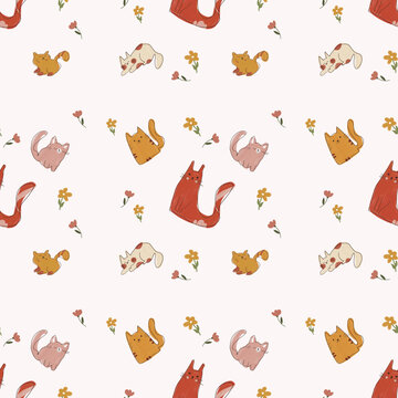 Cute playful kittens and tiny flowers seamless pattern on white background