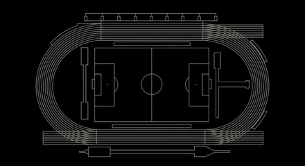 Fototapeta premium Architectural blueprint of an oval stadium with field and track layout.