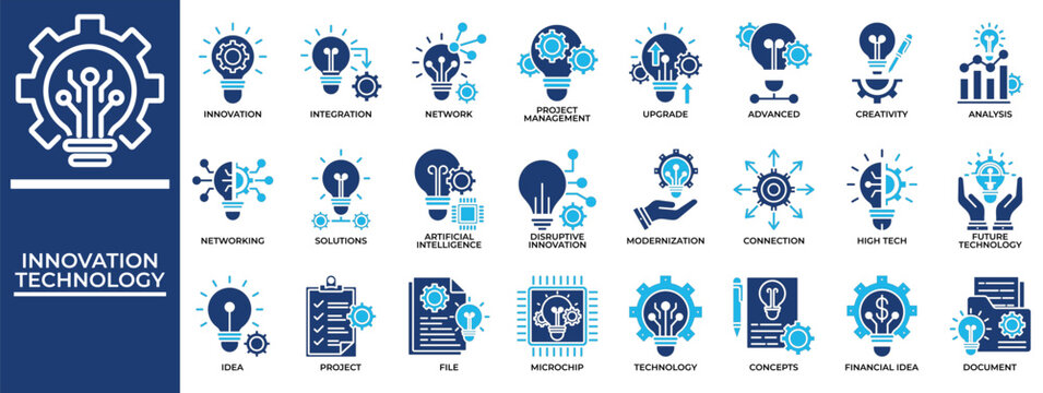 Innovation Technology icon set collection. Containing operation, networking, creation, intelligence, report, survey, diagram .Solid vector icons collection