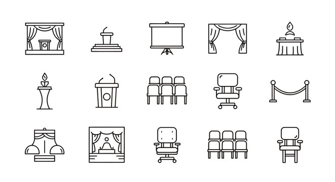Collection of conference and presentation icons showing podiums, stages, curtains, chairs, desks and audience seating styles.