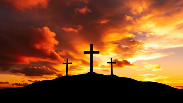 Three silhouette crosses on hilltop against dramatic sunset sky