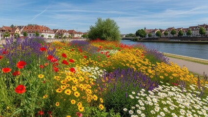 Obraz premium Vibrant wildflower meadow along a scenic river bank.