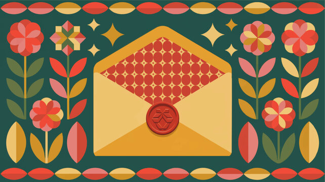 Retro floral envelope with wax seal on teal background, colorful geometric flowers and decorative folk art border