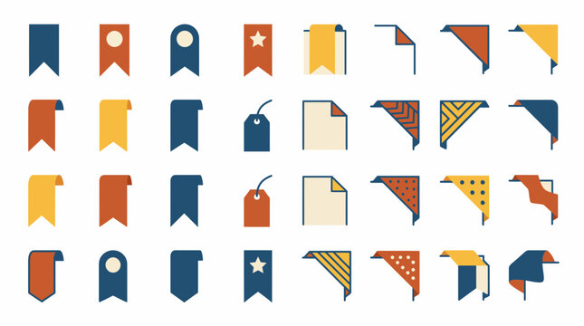Collection of flat colorful ribbon bookmarks and page corner elements