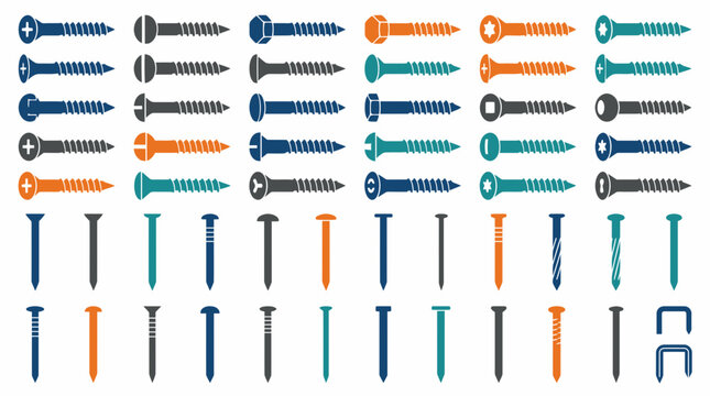 Collection of various metal screws nails and fasteners on white background