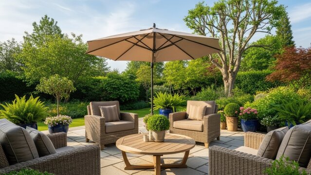 Elegant outdoor living space in lush green garden.