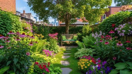 Fototapeta premium Colorful lush backyard garden with stone path and bench.