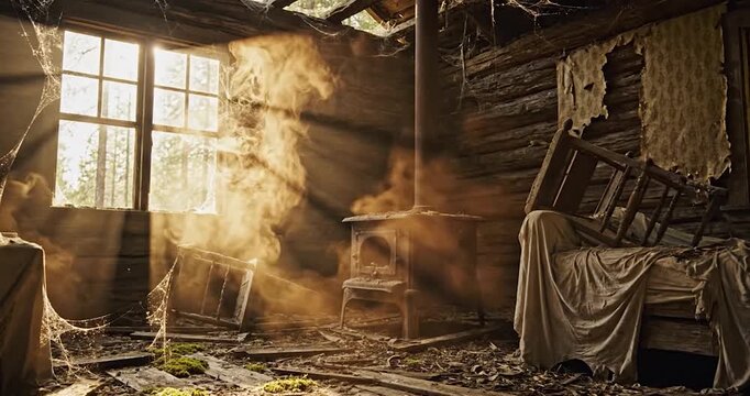 Abandoned rustic wooden cabin interior with dust particles and sunlight