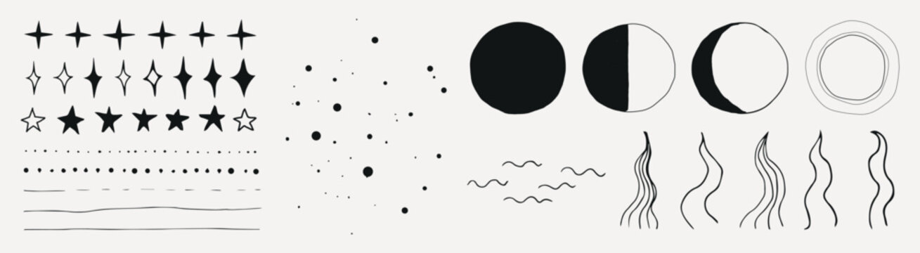 Abstract vector set of stars, dots, moons, waves and decorative line icons
