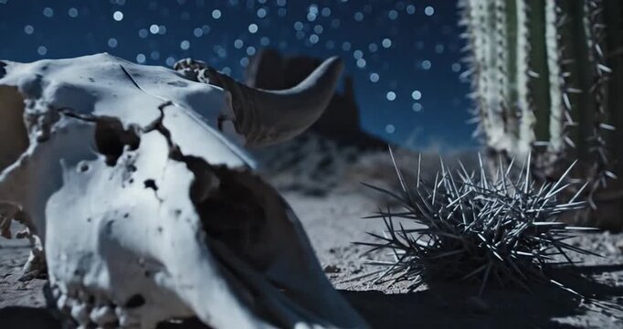 Bison Skull and Cactus in the Desert Under a Night Sky with Stars