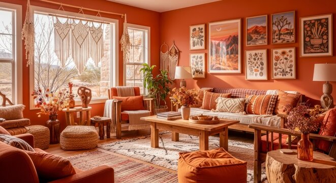 Earthy Bohemian Sanctuary: Sunlit Living Room with Terracotta Walls and Rustic Desert Decor