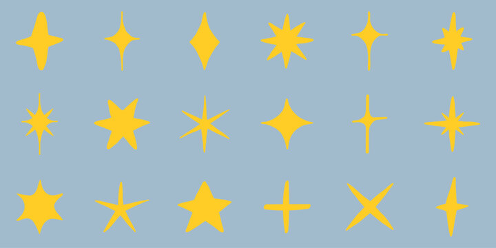 Vector set of yellow star shapes on a blue background, featuring various designs.
