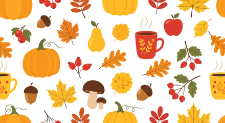 Autumn leaves and seasonal fruits pattern. © Didit